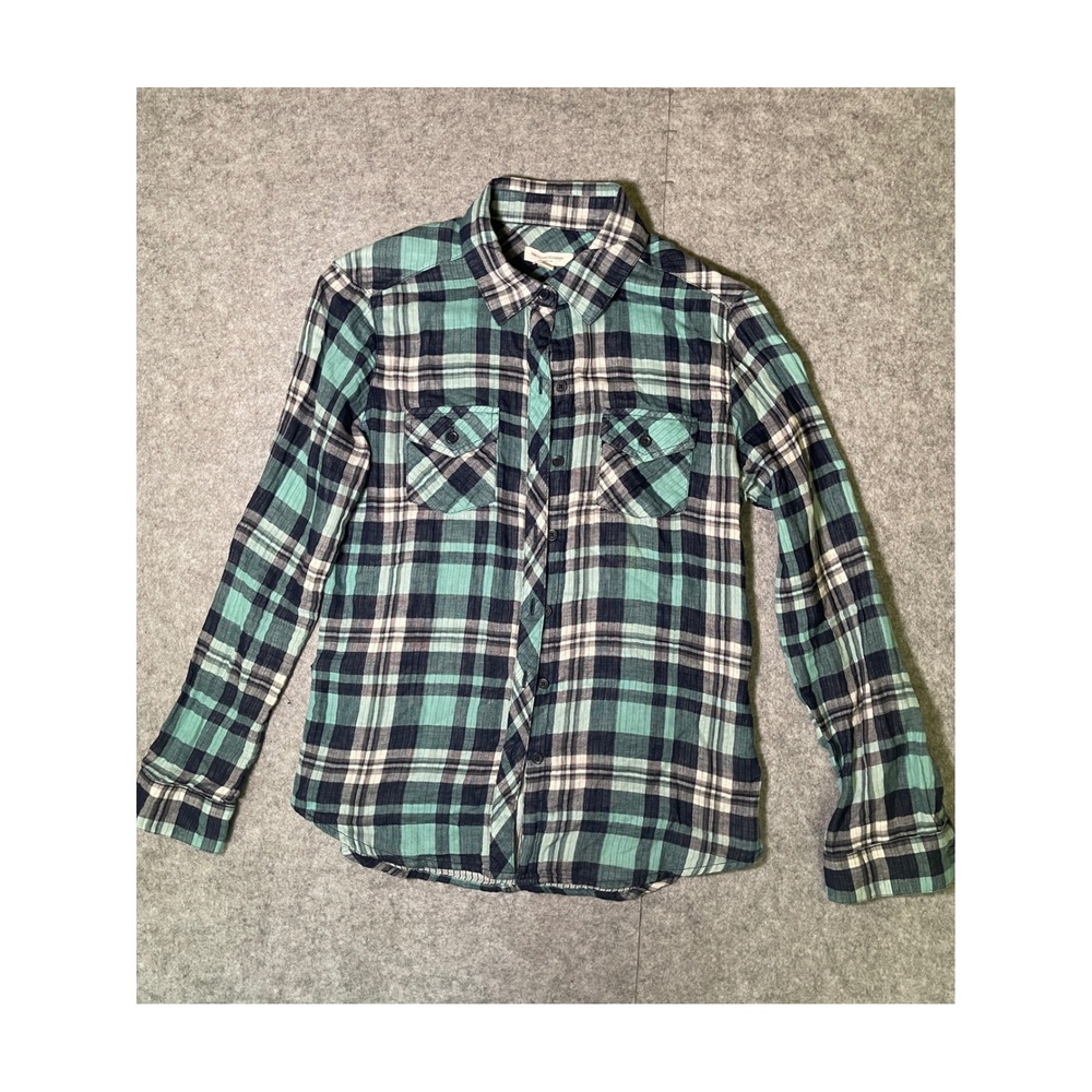 Beachlunchlounge Teal Navy White Plaid Cotton Button Down Shirt Small